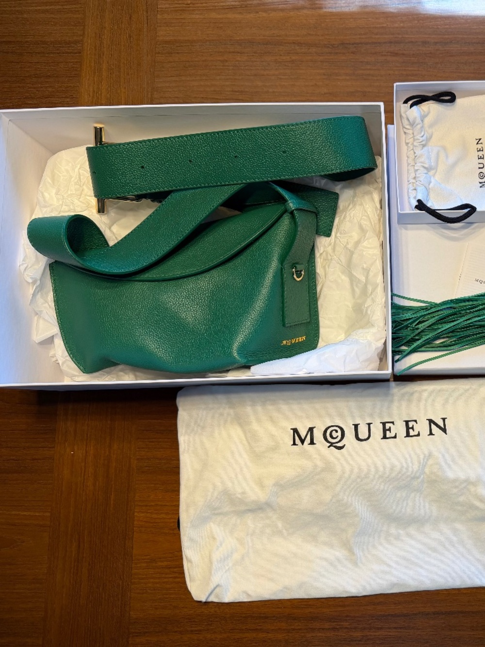 RARE Green McQueen T-Bar Sling Shoulder Bag and Matching Leather Tassel Charm